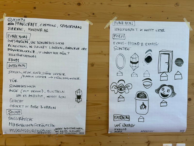 Brainstorming the drafts: so many ideas — but which one will make it into the final design?: Two handwritten flipcharts with sketches and notes about fantasy objects, created during a creative workshop at the Technisches Museum Wien.