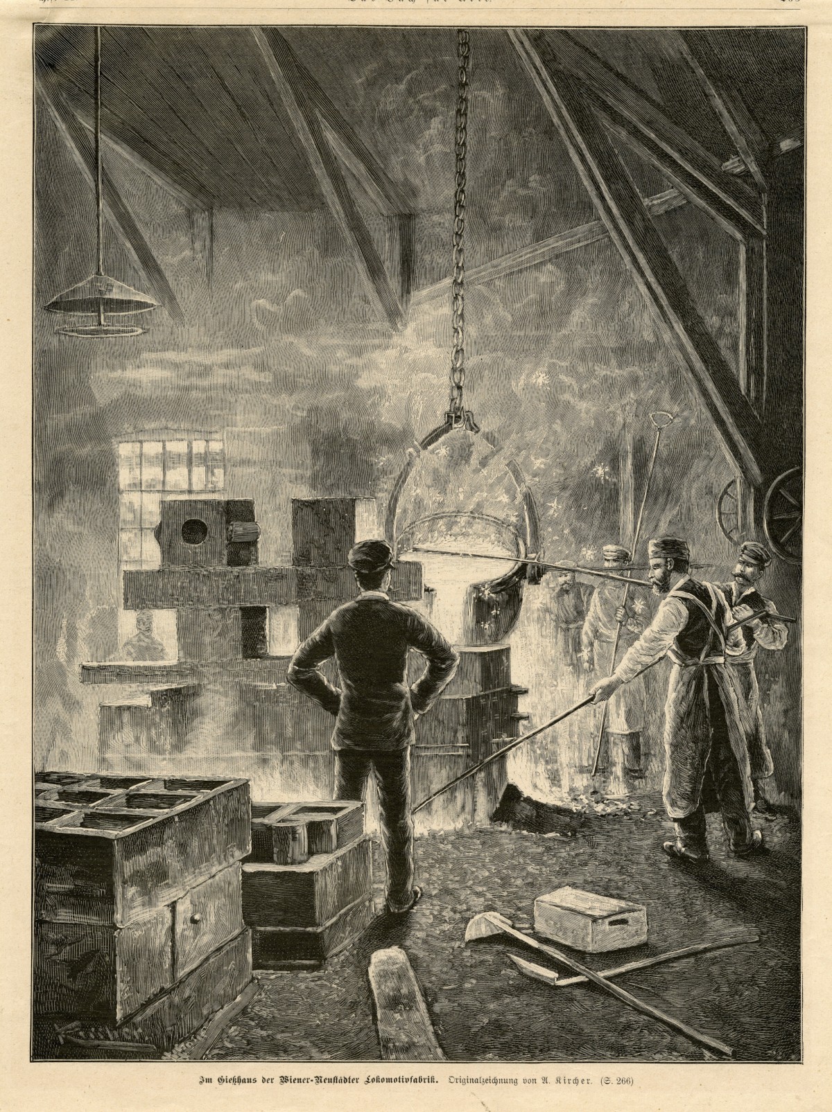 Gießhaus in der Lokomotivfabrik Wiener Neustadt, 1897, Xylografie nach einer Zeichnung von A. Kircher