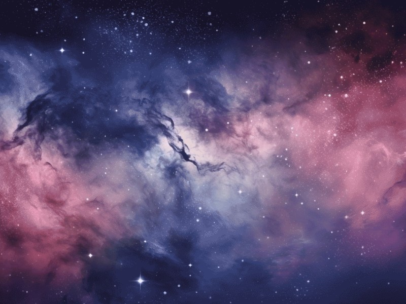 Eine künstlerische Darstellung einer kosmischen Nebelwolke mit wirbelnden Wolken in violetten, pinken und blauen Farbtönen, durchsetzt mit leuchtenden Sternen.: 