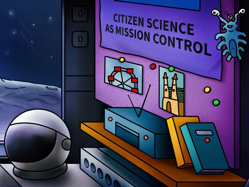 Eine Comic-Zeichnung, die das Innere eines Weltraum-Habitats und einen Blick aus dem Fenster auf einen Planeten zeigt, auf dem es sich befindet: 