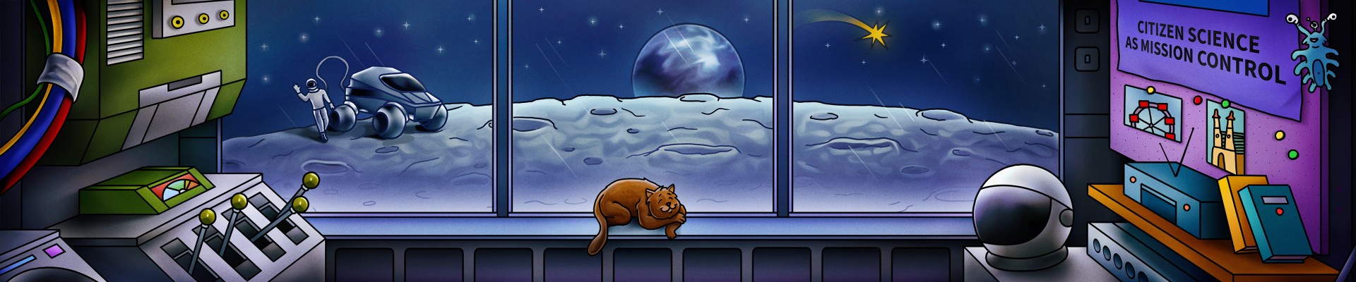 Eine Comic-Zeichnung, die das Innere eines Weltraum-Habitats und einen Blick aus dem Fenster auf einen Planeten zeigt, auf dem es sich befindet: 