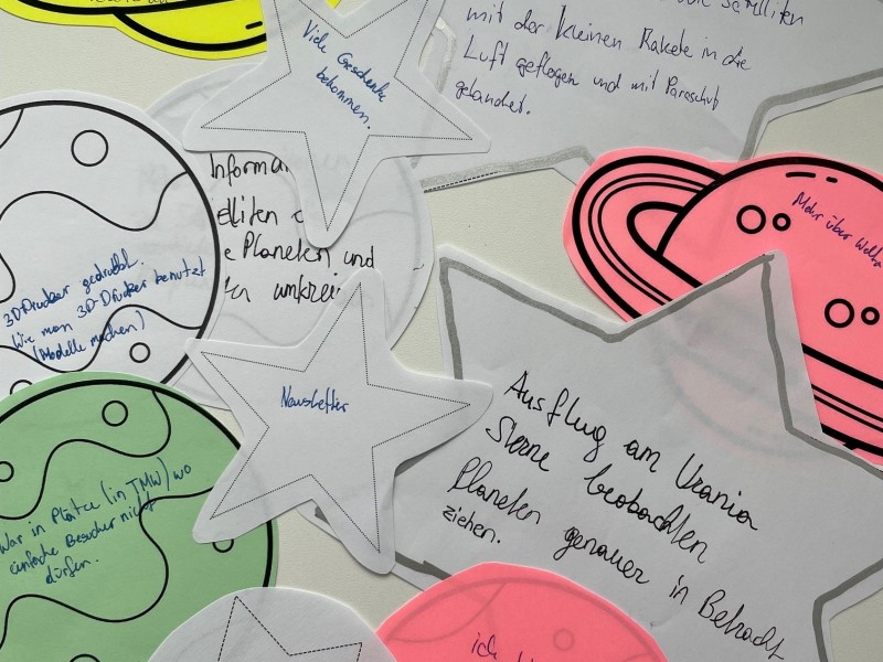 Notizzettel in Form von Sternen und Planeten: Reflexionsrunde im Zug: welche neuen „Themen-Planeten“ haben wir bereist und was waren die Sternstunden der Mission Control im Jahr 2023/24?