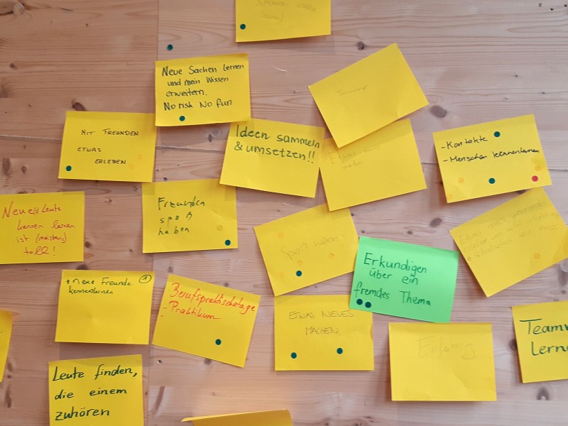 Post-Its with ideas and expectations about social aspects, socialising, making new friends, getting to know the museum staff.: Expectations of participants in terms of social aspects, socialising, making new friends, getting to know the museum staff.