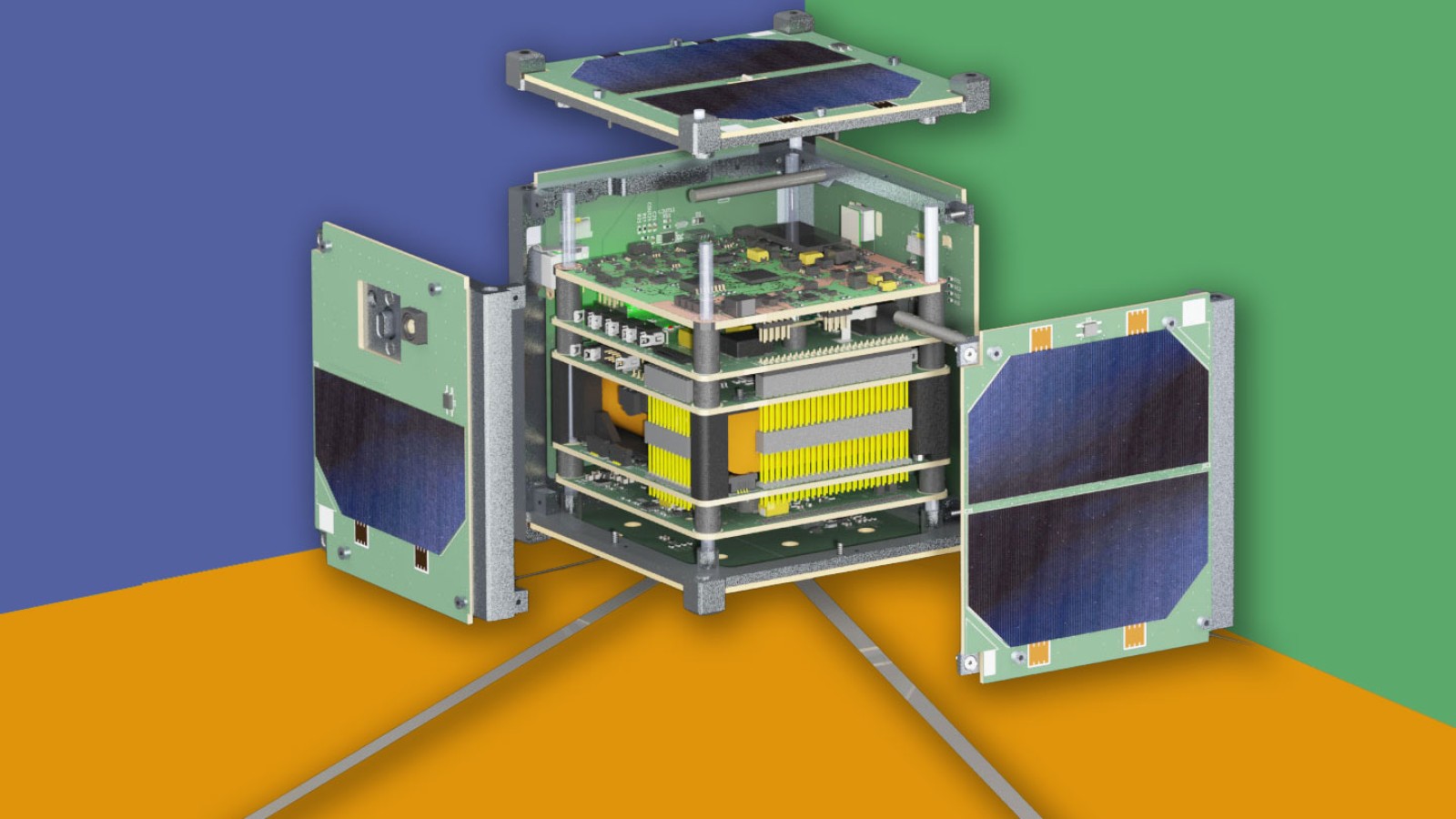 Ansicht eines Kleinsatellits mit Solarzellen, Elektronik und Antennen: