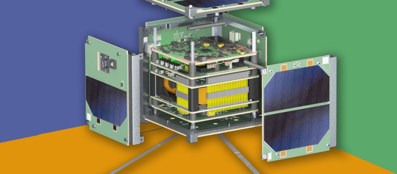 Ansicht eines Kleinsatellits mit Solarzellen, Elektronik und Antennen: