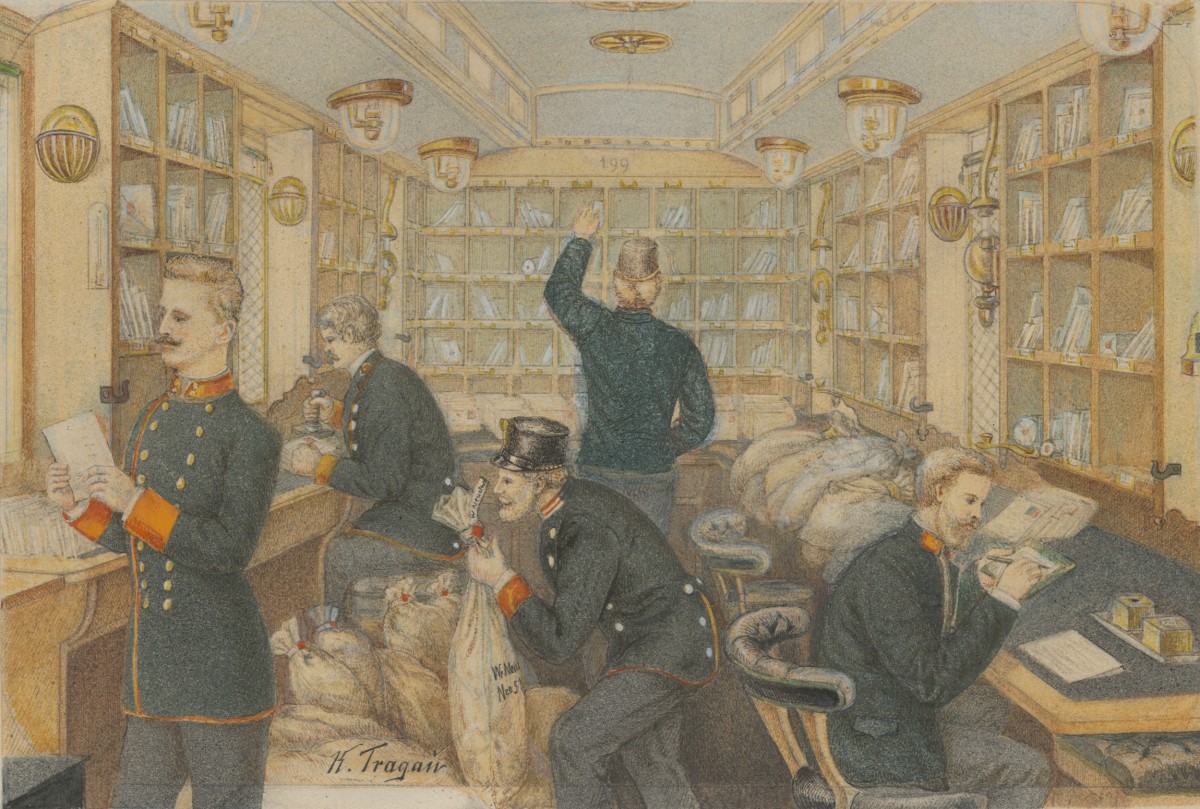 Arbeitsalltag im Bahnpostwagen, Aquarell von Carl Tragau, 1888