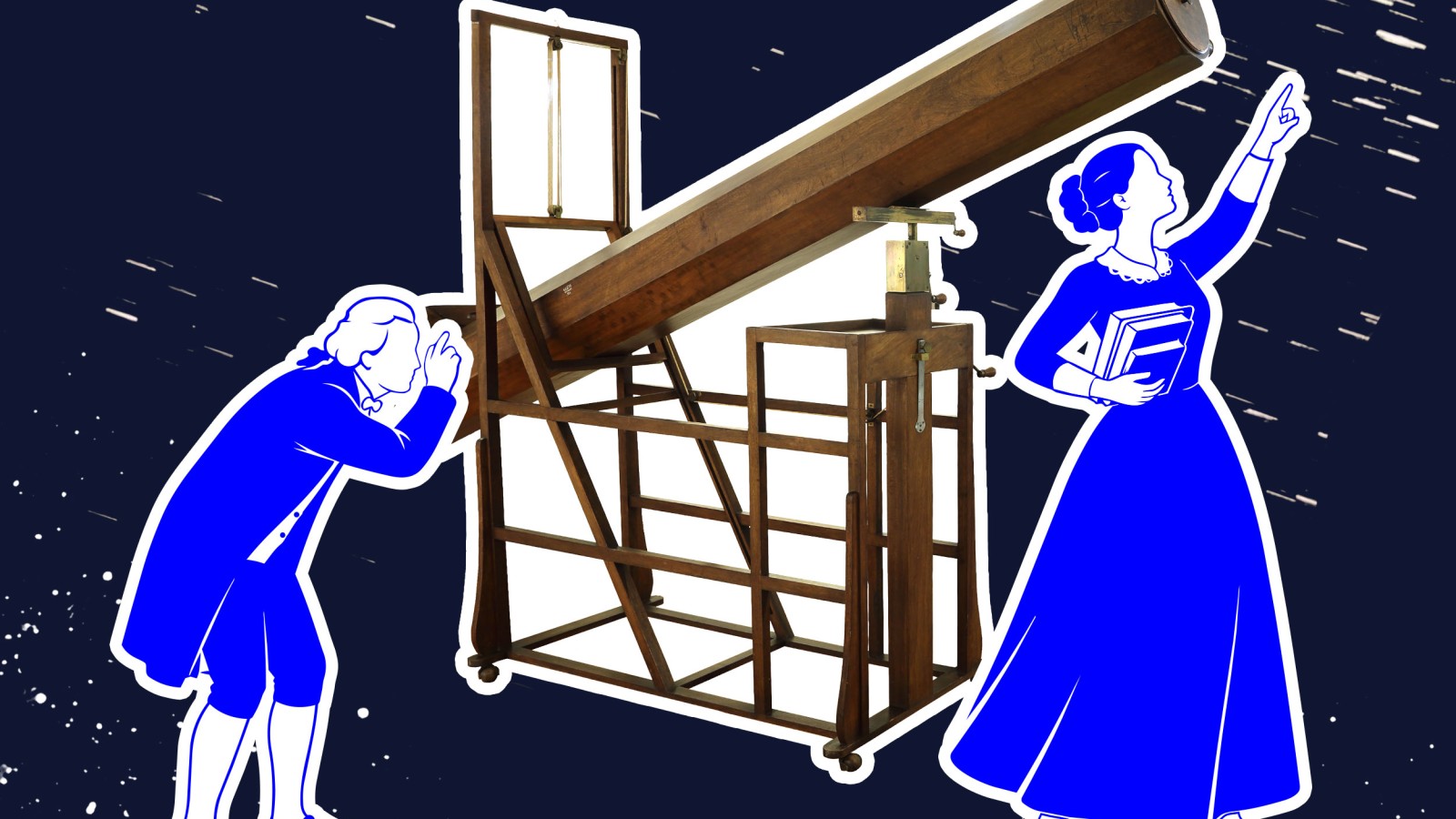 Historisches Teleskop vor einem dunklen, sternartigen Hintergrund; daneben zwei blau-weiße Illustrationen von Personen, die den Himmel beobachten und auf etwas zeigen.: 