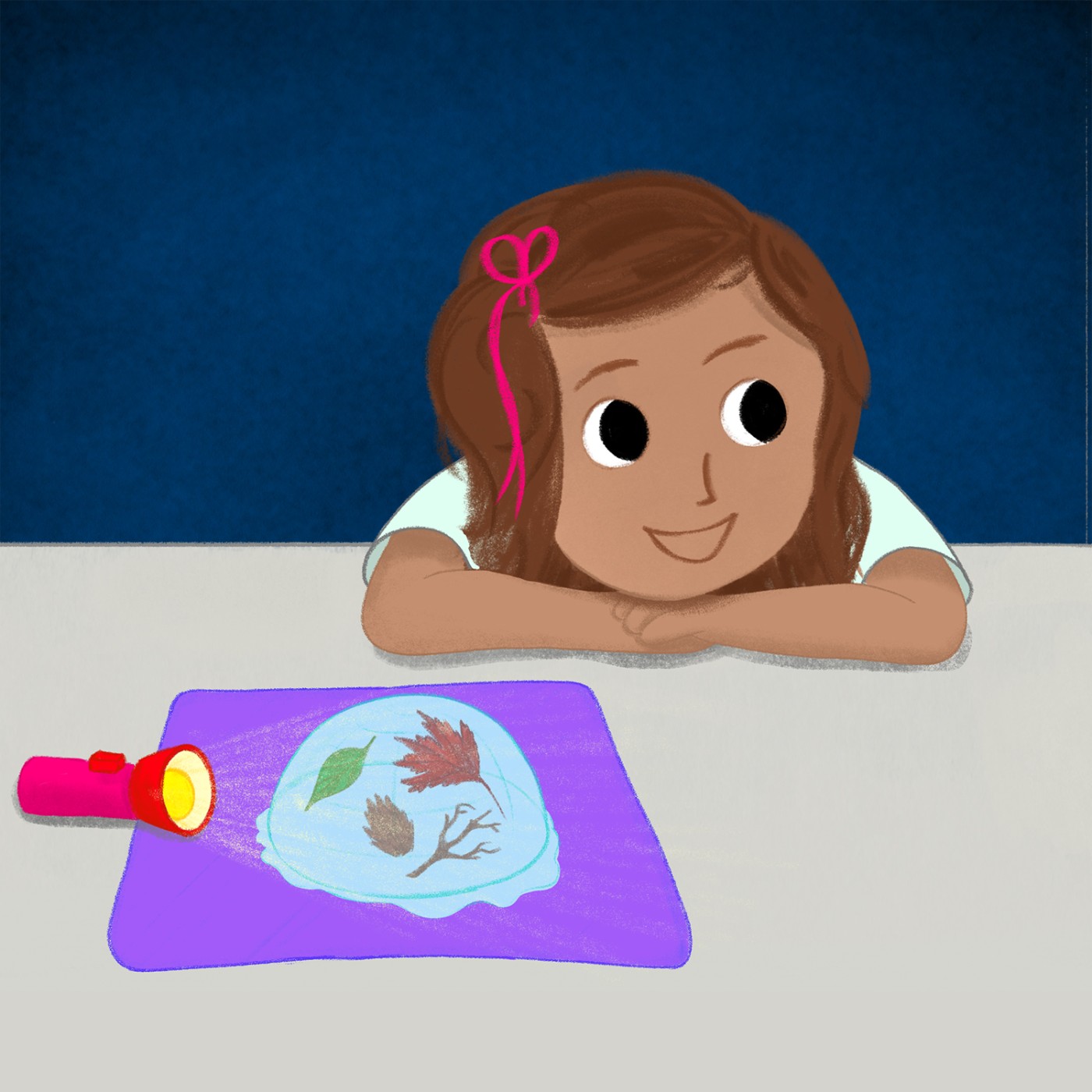 Eine Illustration zeigt ein Mädchen, das auf einem Tisch vor einem gefrorenen Eisblock mit eingeschlossenen Blättern und Zweigen liegt; links daneben leuchtet eine rote Taschenlampe auf den Eisblock.: 