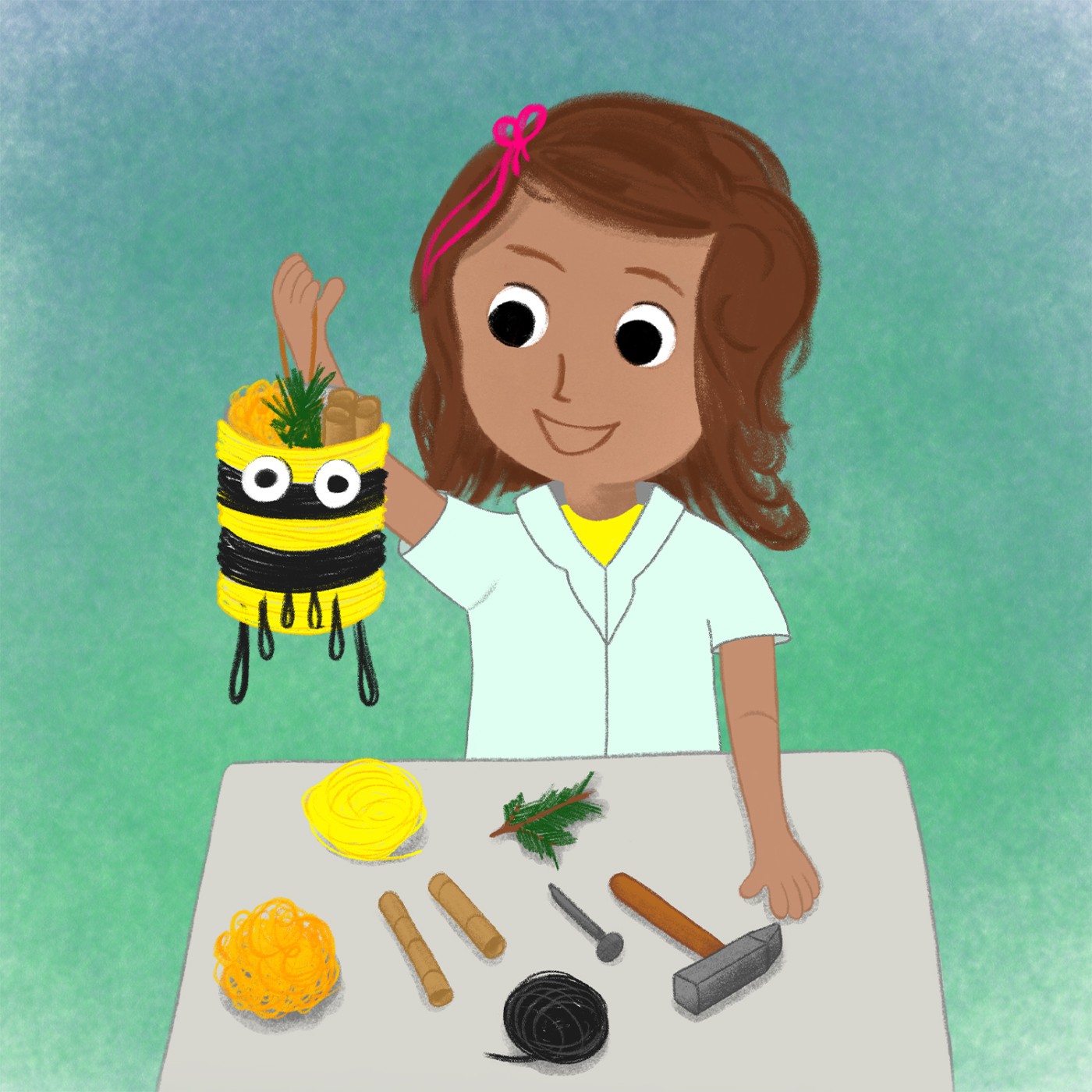 Illustration eines Mädchens, das eine selbstgebastelte Biene aus gelber und schwarzer Wolle mit Augen hochhält; auf dem Tisch liegen Wolle, Holzstücke, ein Zweig, Nägel und ein Hammer.: 