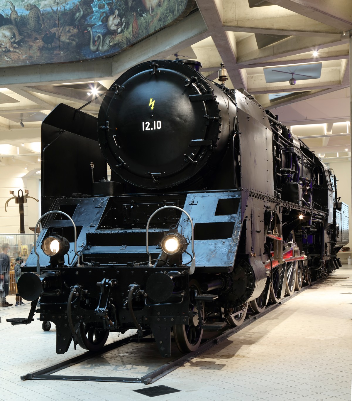 Front view of the elaborately restored 12.10 steam locomotive at the museum