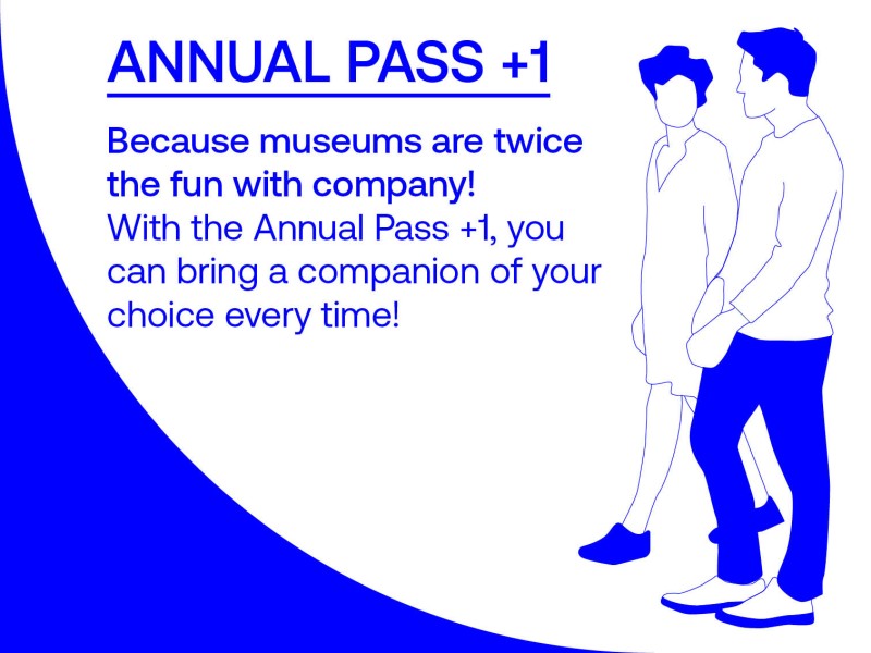 Illustrated promotion for the "Annual Pass +1," showing two people walking together, highlighting that the pass allows you to bring a companion of your choice on every visit.: 