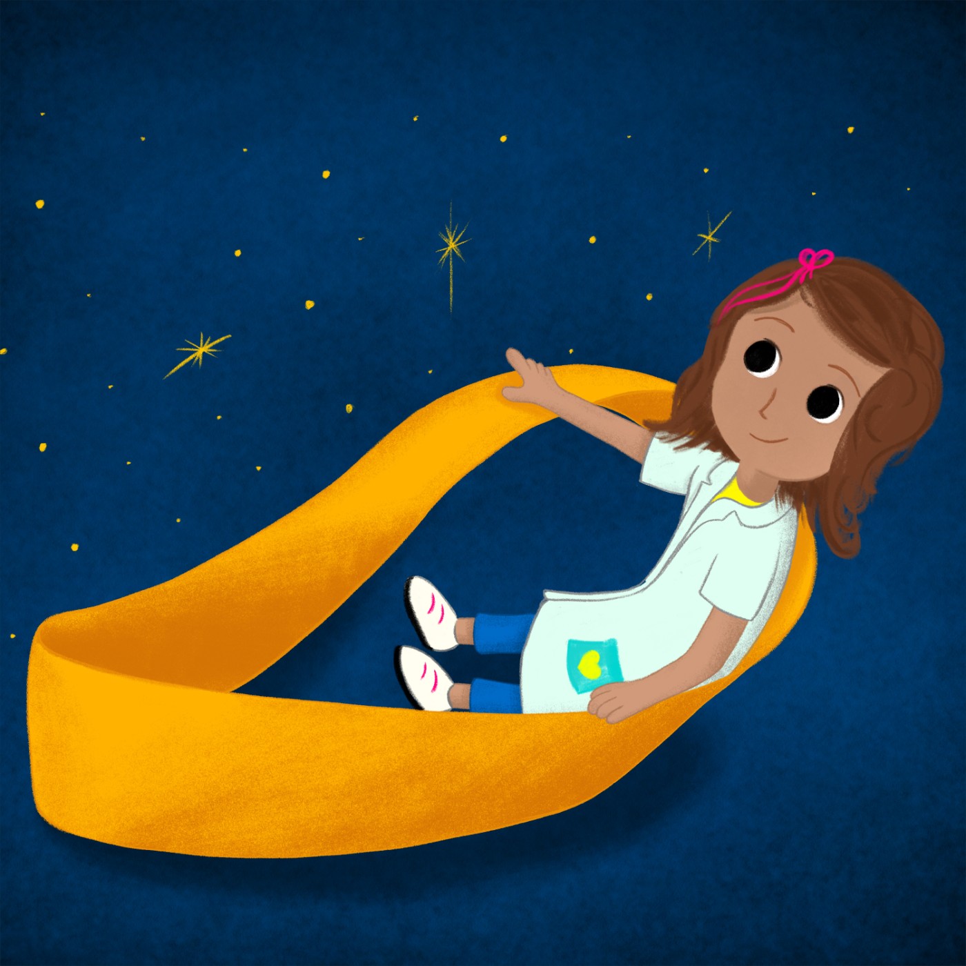 Illustration eines Mädchens, das auf einem leuchtend gelben Möbiusband durch einen sternenklaren Nachthimmel gleitet.: 