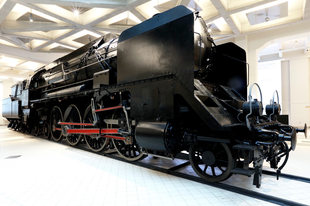 Side view of the elaborately restored 12.10 steam locomotive at the museum