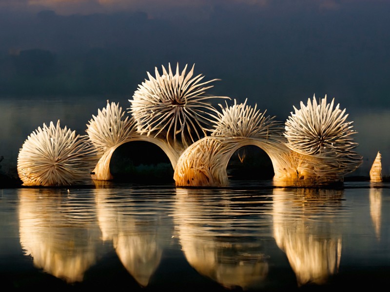 : Image created by KI on the subject of the exhibition „BioInspiration" at Technisches Museum Wien, picturing sea and a fantastic building, made of forms, resembling sea hedgehogs.