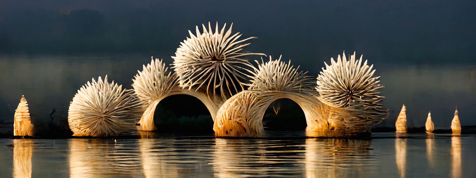 Image created by KI on the subject of the exhibition „BioInspiration" at Technisches Museum Wien, picturing sea and a fantastic building, made of forms, resembling sea hedgehogs.