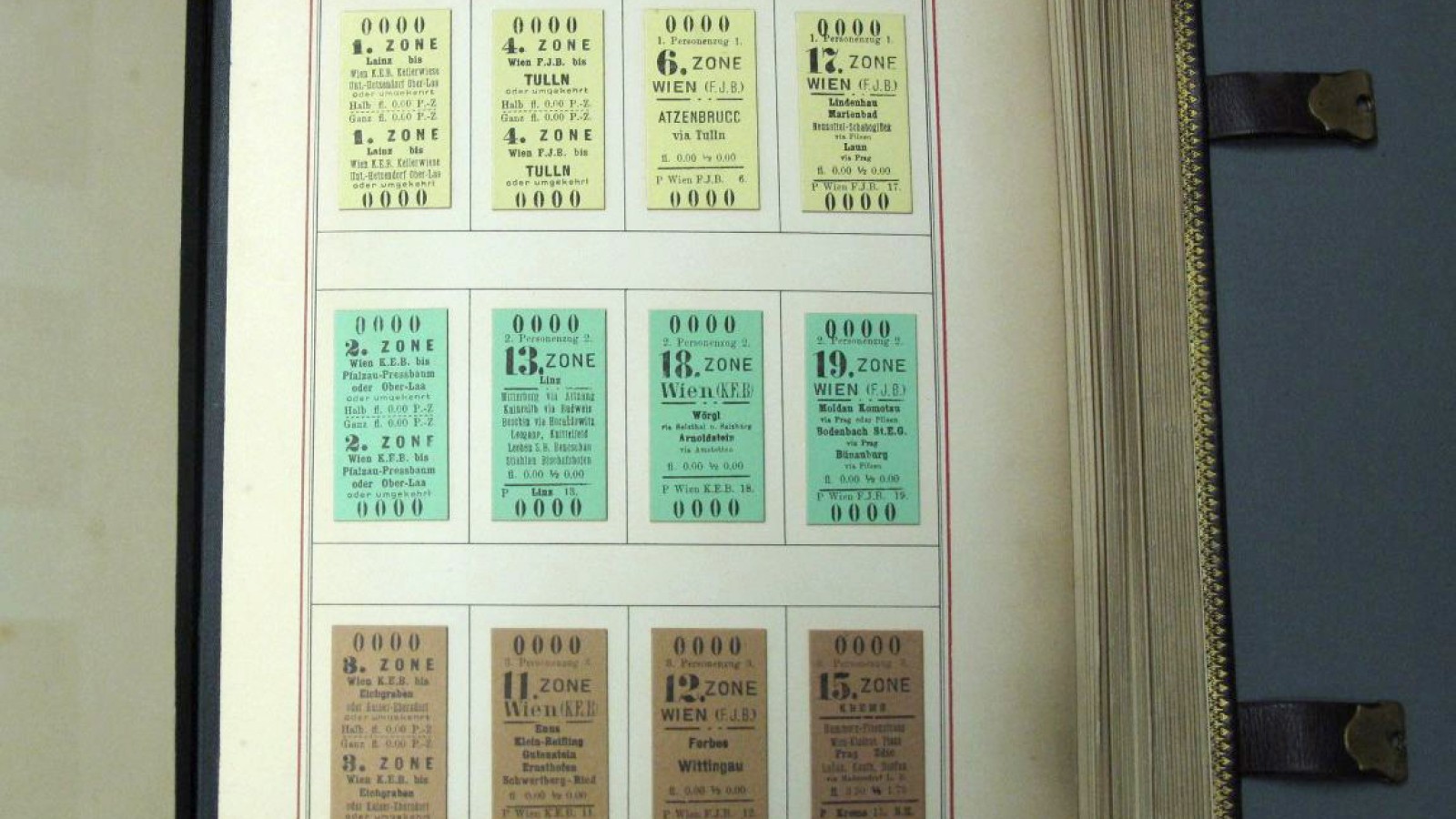 Seite mit Zonenfahrkarten aus dem Musterbuch der k. k. österreichischen Staatsbahnen, 1893