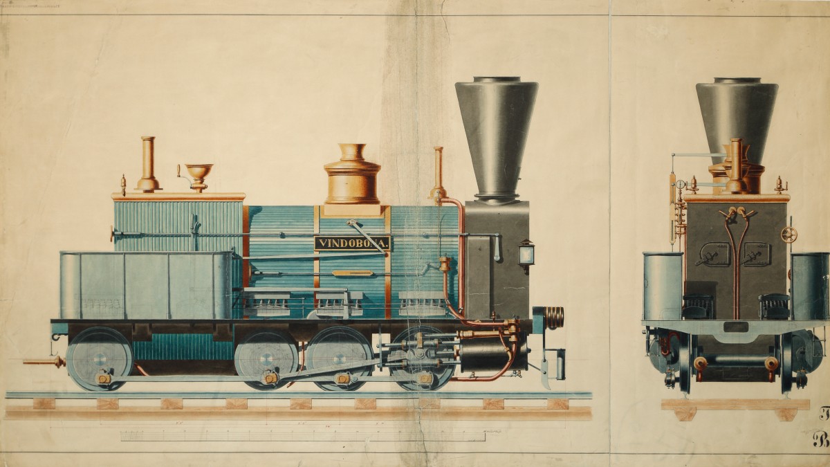 Lokomotive Vindobona, 1851: Lokomotive Vindobona, kolorierte Zeichnung, 1851