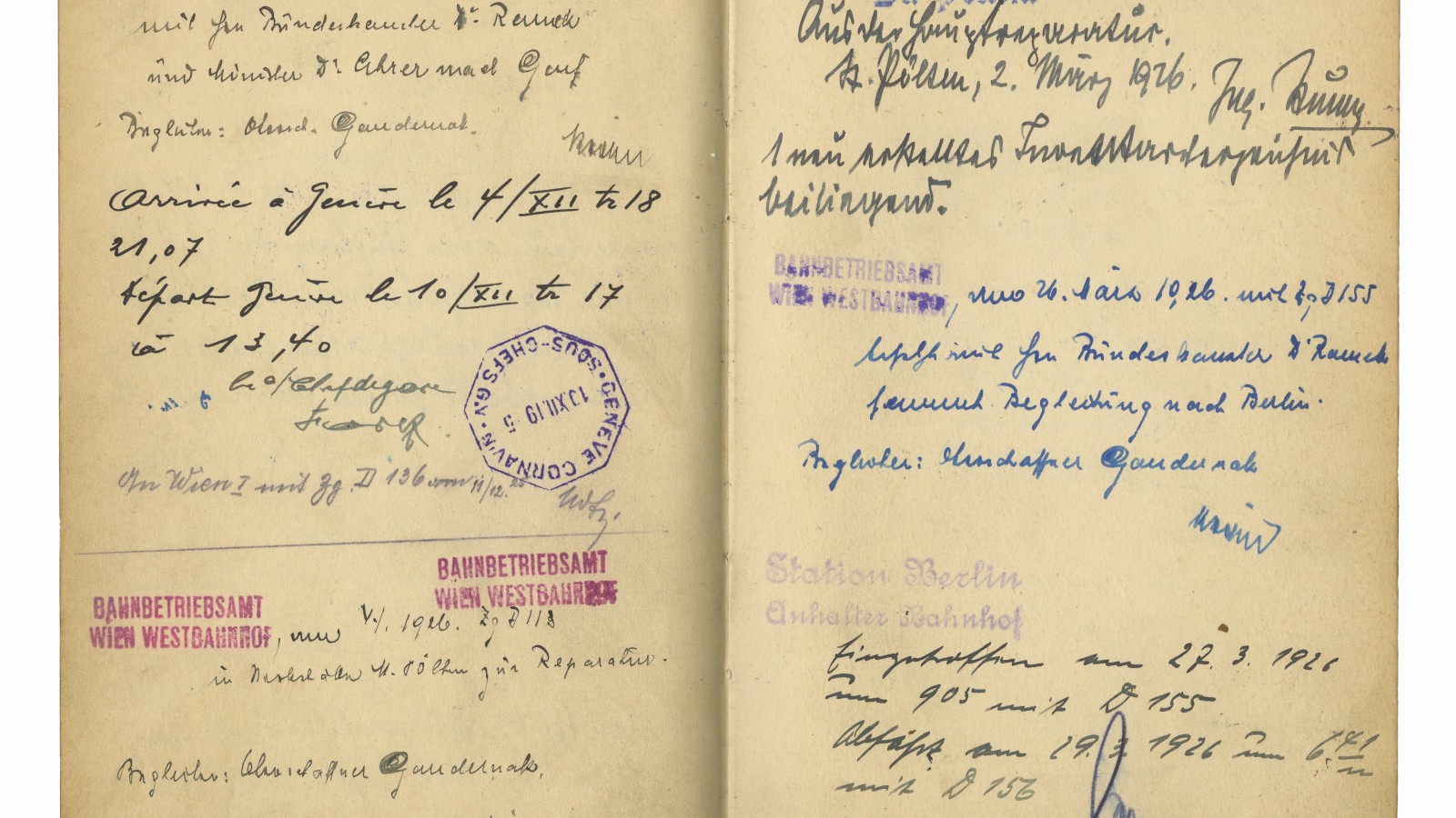 Doppelseite mit Eintragungen aus dem Kondukteurbuch, z. B. Fahrt von Bundeskanzler Rudolf Ramek und Finanzminister Jakob Ahrer am 3. Dezember 1925
