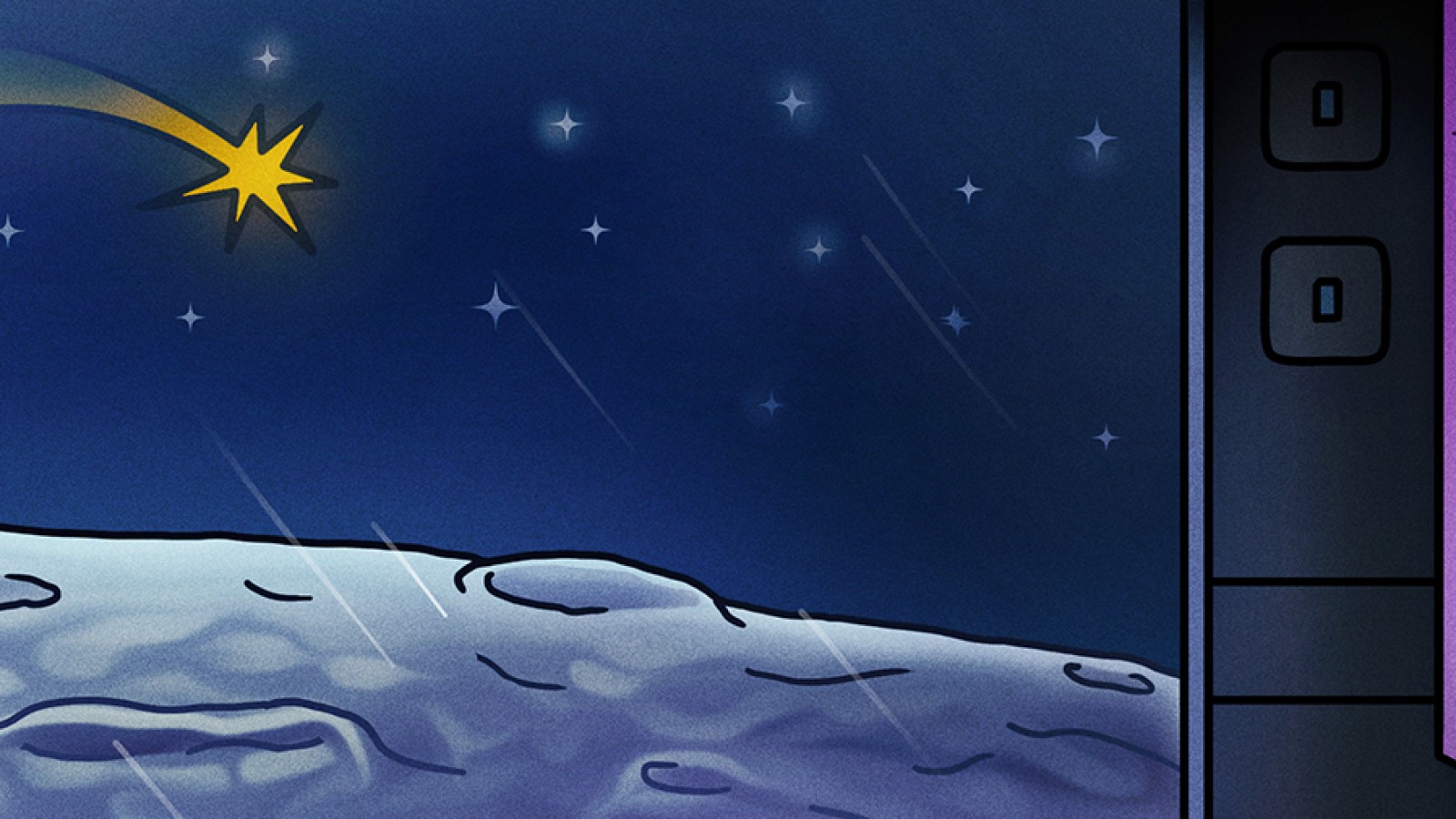 Eine Comic-Zeichnung, die das Innere eines Weltraum-Habitats und einen Blick aus dem Fenster auf einen Planeten zeigt, auf dem es sich befindet: 