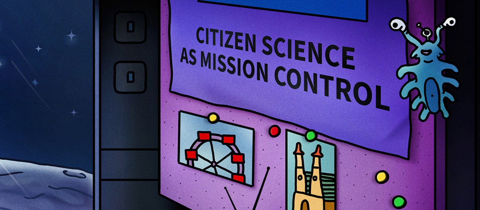 Eine Comic-Zeichnung, die das Innere eines Weltraum-Habitats und einen Blick aus dem Fenster auf einen Planeten zeigt, auf dem es sich befindet: 