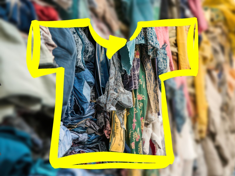 Bunte Altkleider in einem T-Shirt-Umriss als Symbol für Textilrecycling.: 