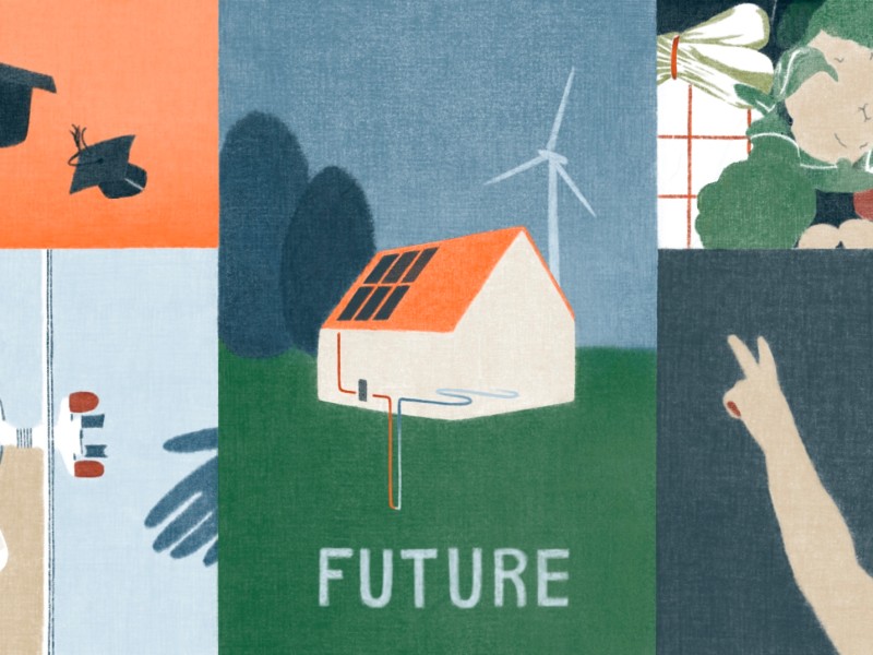 Grafische Illustration eines Hauses mit Solarpanel und Windrad, darunter das Wort „Future“.: