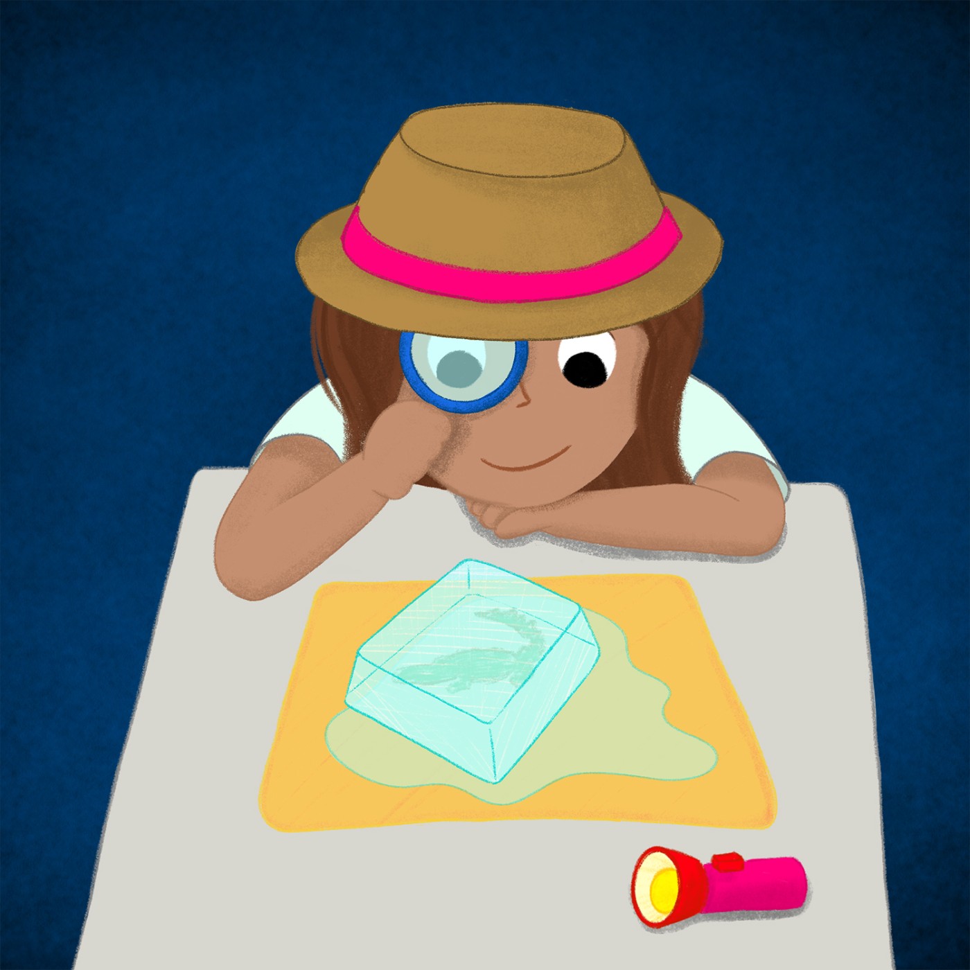Eine Illustration zeigt ein Mädchen mit Hut, das durch eine Lupe auf einen schmelzenden Eisblock auf dem Tisch blickt; daneben liegt eine rote Taschenlampe.: 