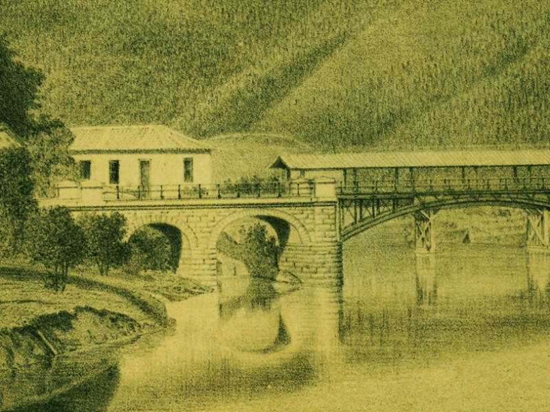 Lithografie zum Bau der Dom Pedro II-Eisenbahn in Brasilien: 
