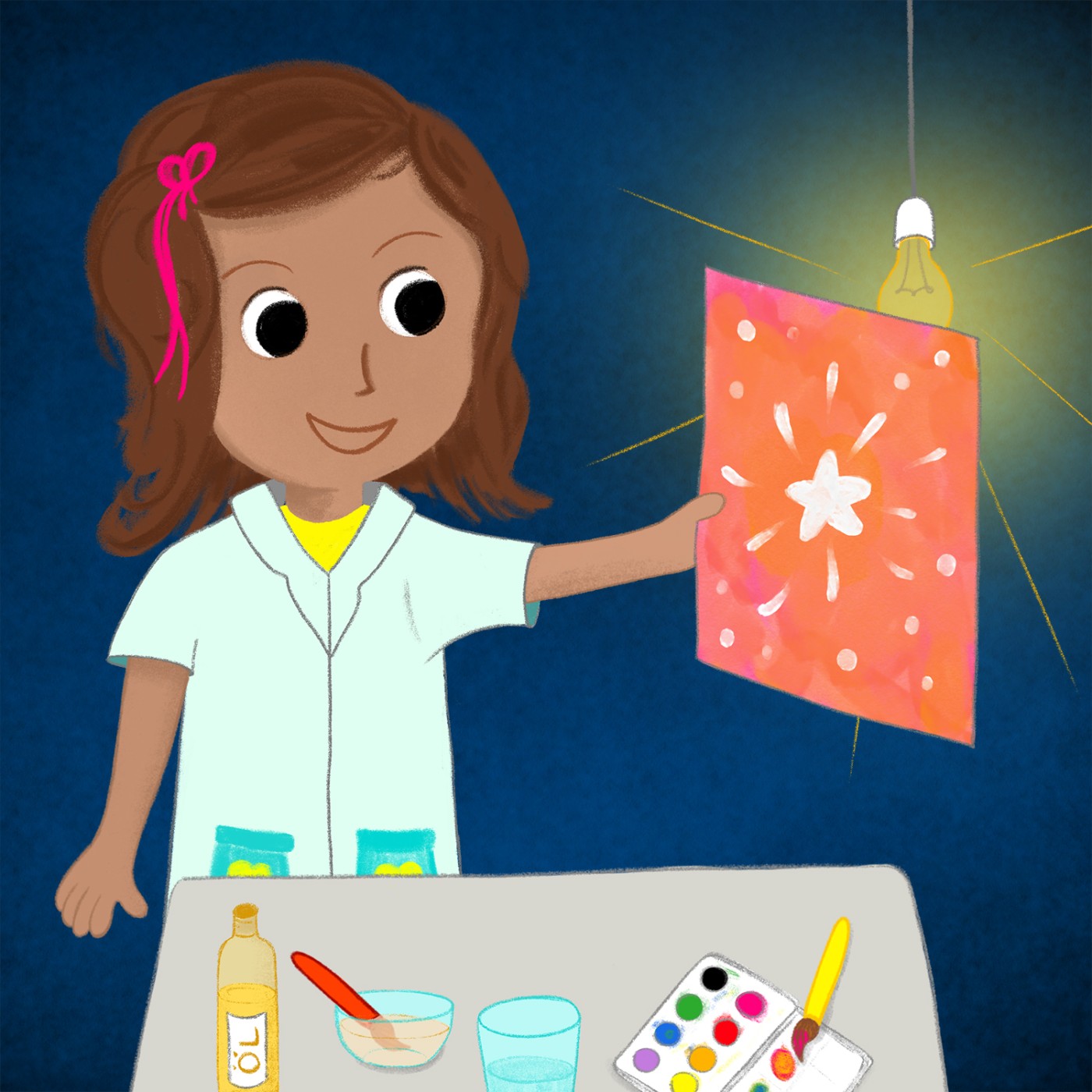 Illustration eines Mädchens, das ein bemaltes Blatt Papier vor eine leuchtende Glühbirne hält; auf dem Tisch liegen eine Flasche mit der Aufschrift „Öl“, Schalen, ein Pinsel und ein Malkasten.: 