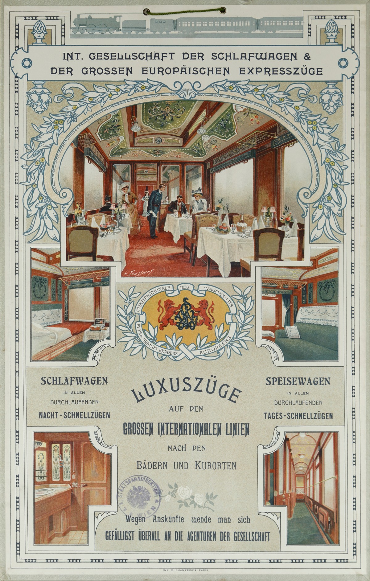 Werbetafel für internationale Luxuszüge, um 1905, Entwurf von Henri Toussaint (1849–1911)