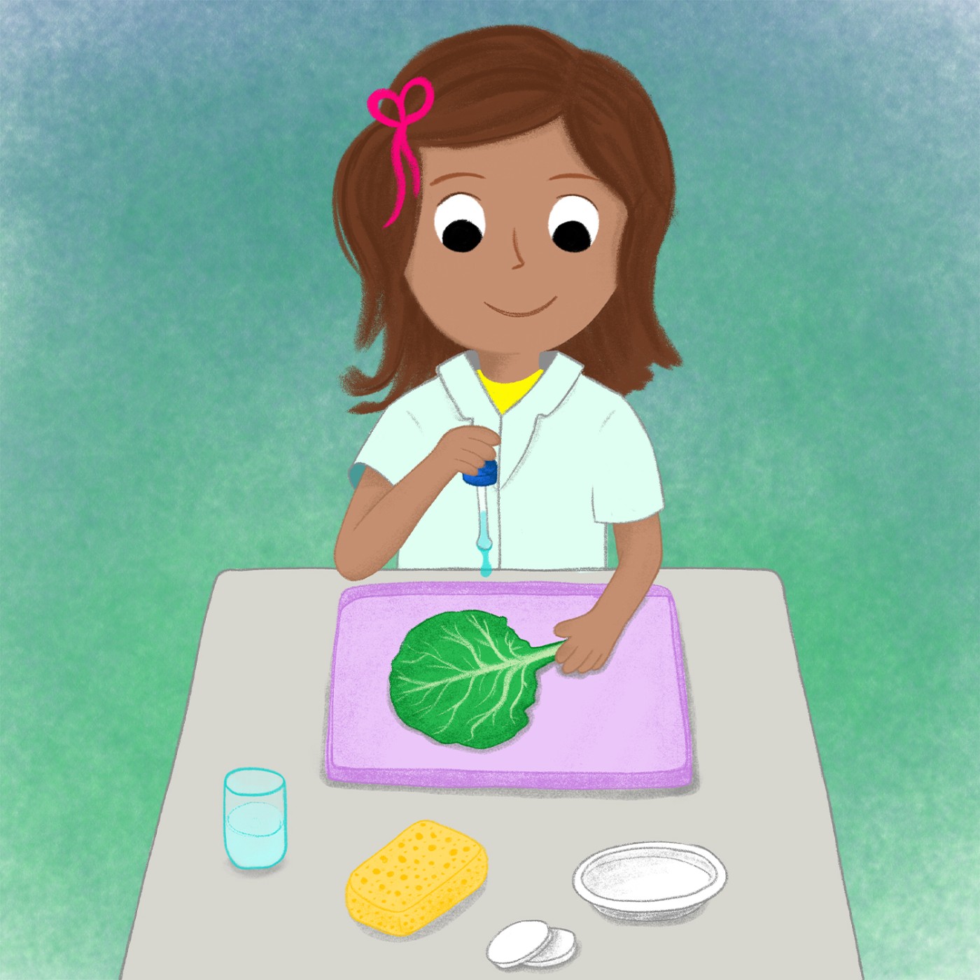Illustration eines Mädchens, das bei einem Experiment Flüssigkeit mit einer Pipette auf ein grünes Blatt tropft.: 