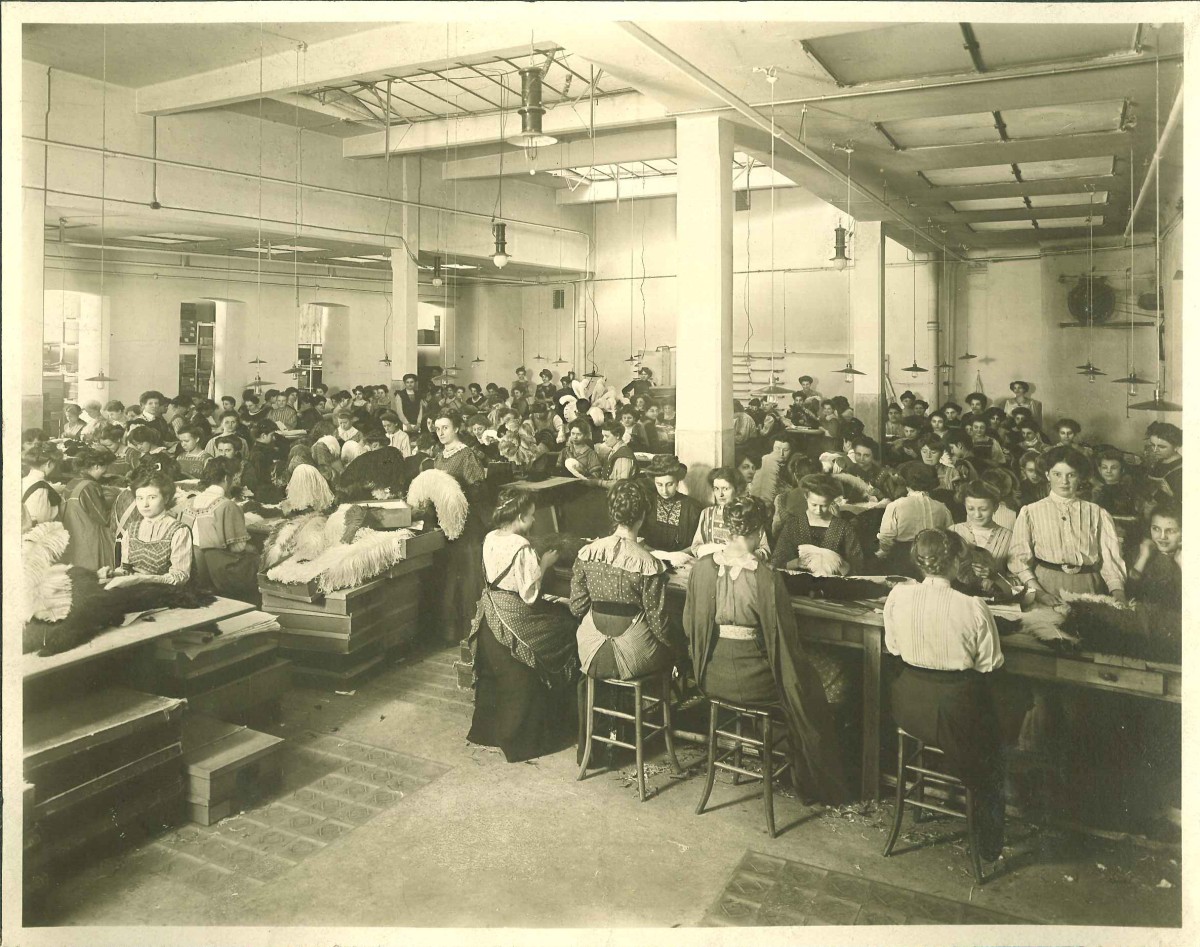 Arbeiterinnen in einer Schmuckfedernfabrik, um 1910