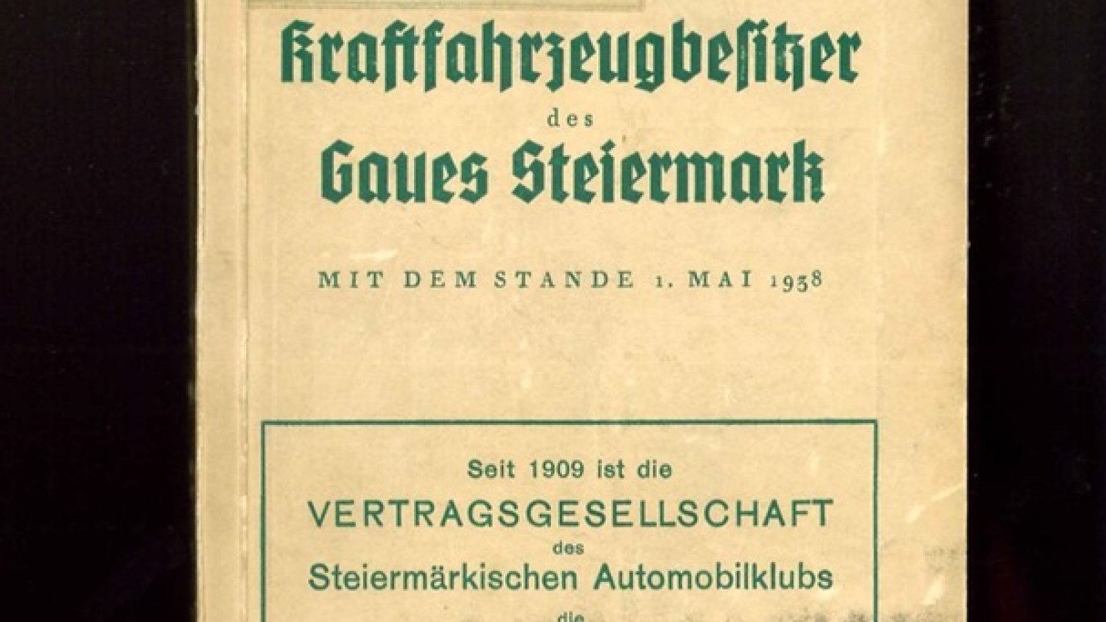 Titelblatt des „Verzeichnis der Kraftfahrzeugbesitzer des Gaues Steiermark“ (Graz 1938)