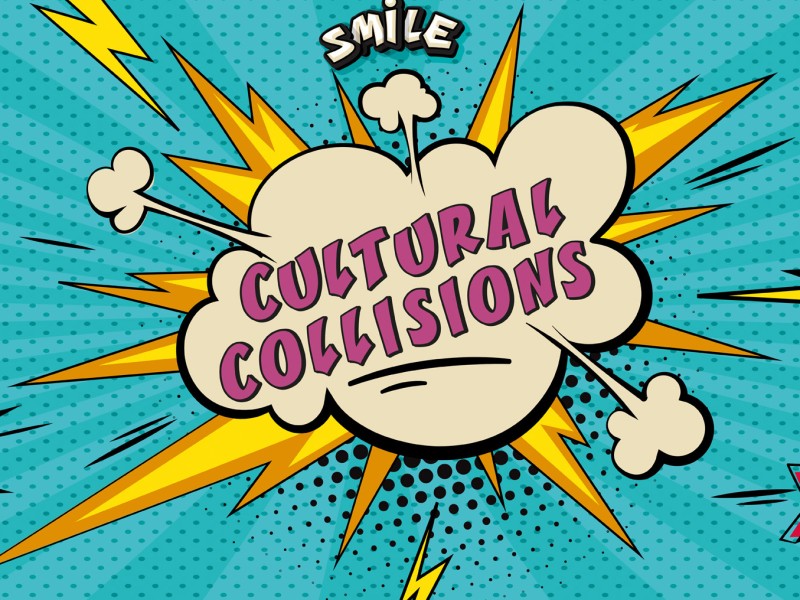 Eine Comic-Illustration, die den Projekttitel "Cultural Collisions" und andere zum Thema gehörende Wörter als Comic-Explosionsgeräusche darstellt: 