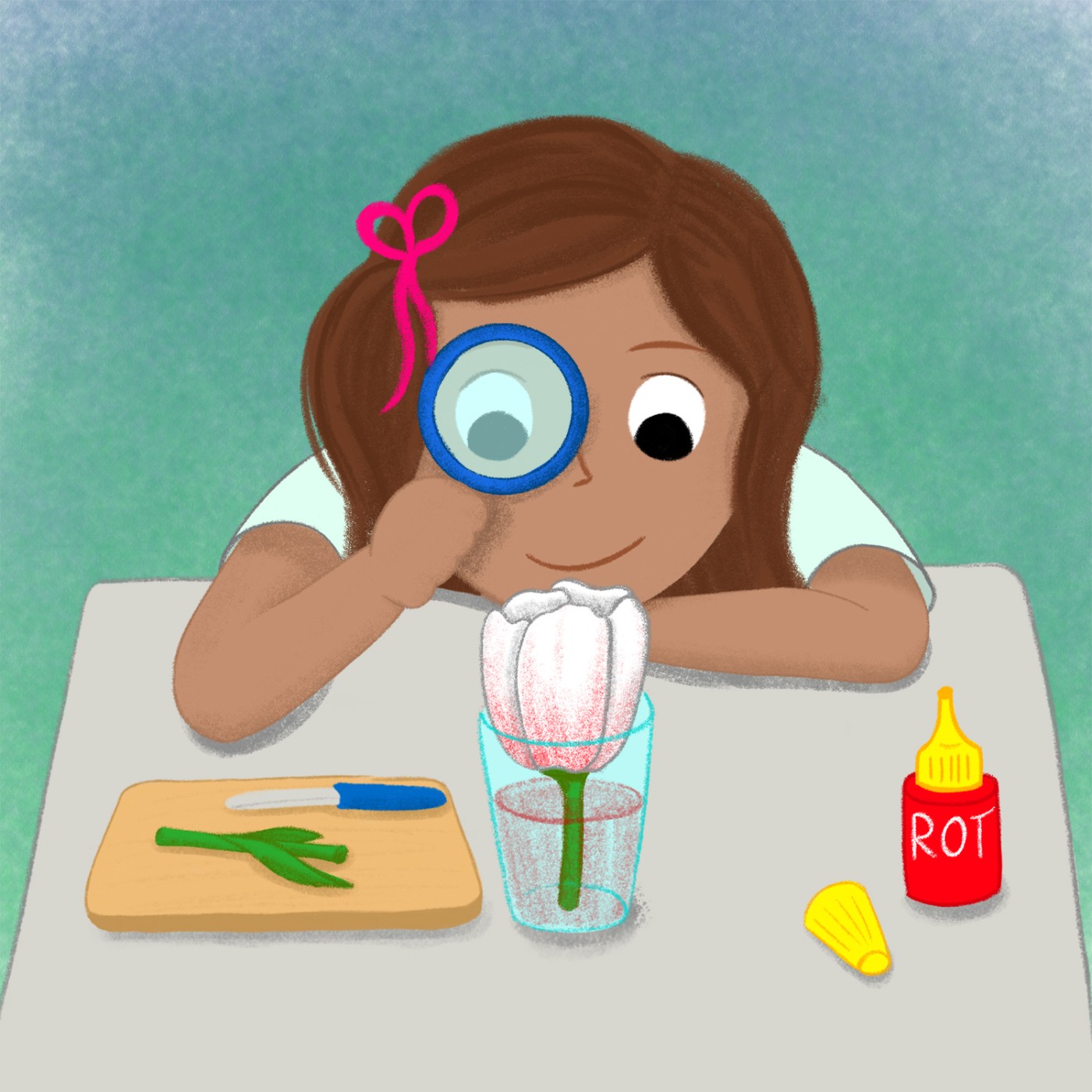 Illustration eines Mädchens, das mit einer Lupe eine weiße Papierblume in einem Glas mit gefärbtem Wasser betrachtet; auf dem Tisch liegen ein Messer auf einem Brett, grüne Papierstreifen und eine rote Farbtube.: 