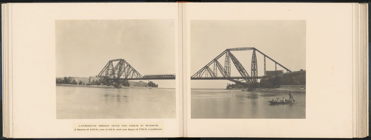 North Western Railway (Indien): Die Lansdoune-Brücke über dem Indus bei Sukkur, Panoramaaufnahme, 1907–10 : North Western Railway (Indien): Die Lansdoune-Brücke über dem Indus bei Sukkur, Panoramaaufnahme, 1907–10 