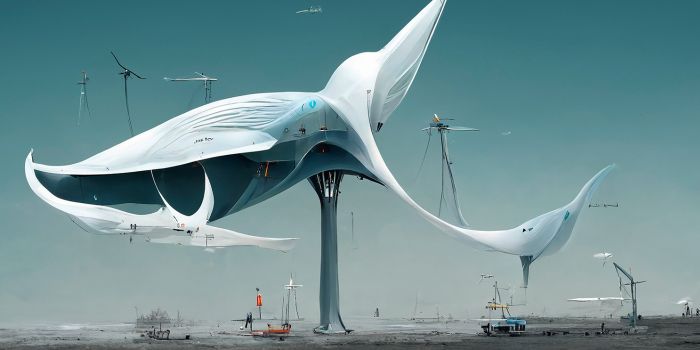 : Image created by AI on the subject of the exhibition „BioInspiration" at Technisches Museum Wien, picturing a wind turbine resembling a giant whale creature.