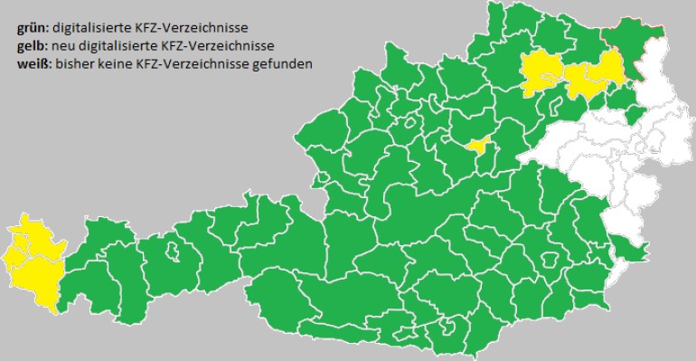 Überblickskarte der digitalisierten Kraftfahrzeugverzeichnisse „Österreich 1935–1938“: Überblickskarte der digitalisierten Kraftfahrzeugverzeichnisse „Österreich 1935–1938“