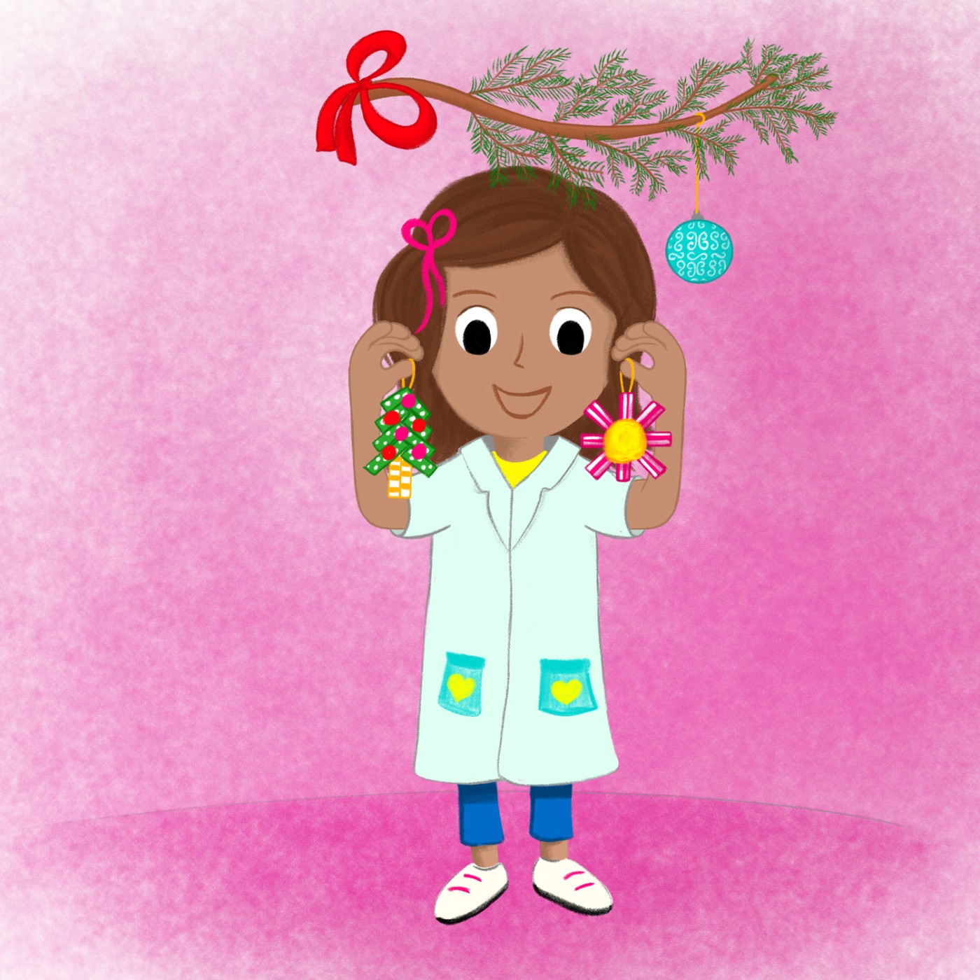 Eine Illustration zeigt ein Mädchen, das zwei bunte Weihnachtsanhänger aus Trinkhalmen in den Händen hält; über ihr hängt ein dekorierter Zweig mit roter Schleife und einer blauen Kugel.: 