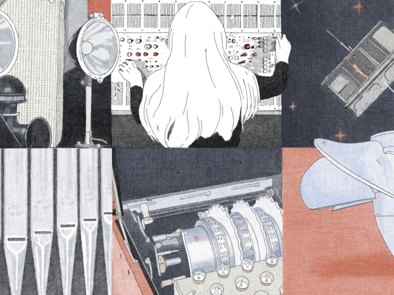 Eine Collage aus sechs Illustrationen, die verschiedene Sammlungsbereiche darstellt: den Porsche ADM-E, eine Frau an einem Synthesizer, Orgelpfeifen, ein Satellit im Weltraum, eine Enigma-Maschine und eine Kaplan-Turbine: 