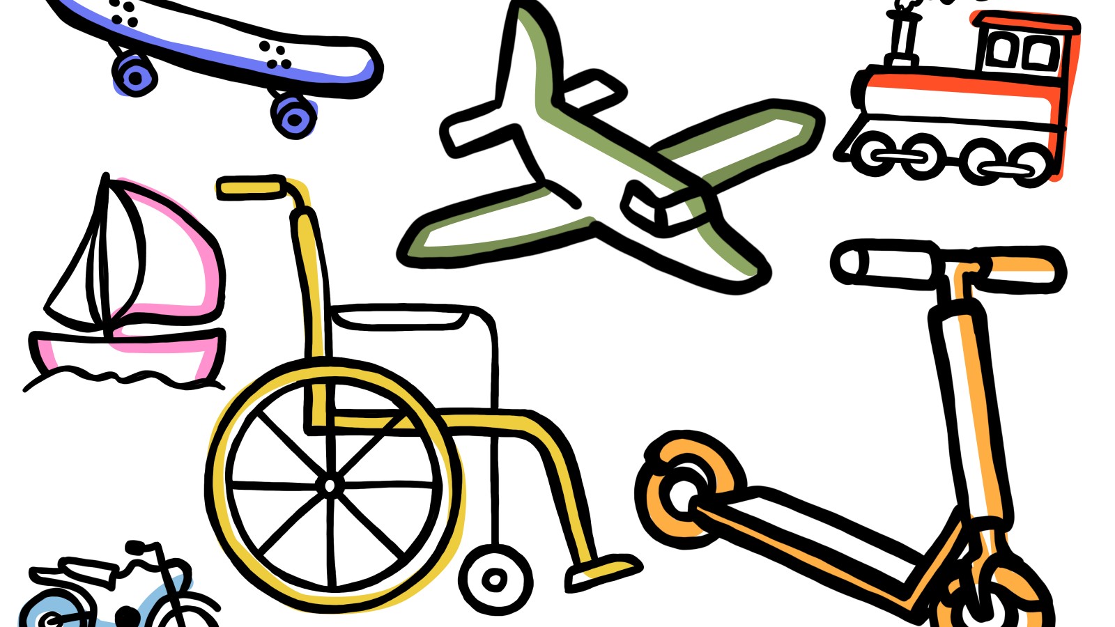 Eine Illustration zeigt verschiedene Transportmittel, darunter ein Skateboard, ein Flugzeug, ein Zug, ein Roller, ein Rollstuhl, ein Boot und ein Motorrad. 1: