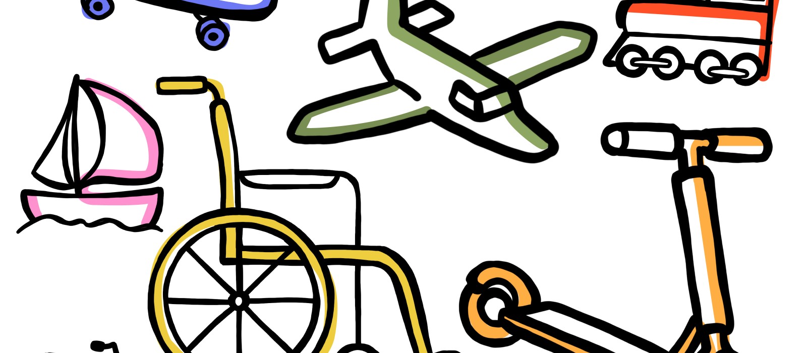 Eine Illustration zeigt verschiedene Transportmittel, darunter ein Skateboard, ein Flugzeug, ein Zug, ein Roller, ein Rollstuhl, ein Boot und ein Motorrad. 1: