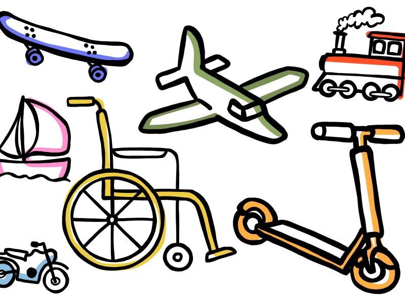 Eine Illustration zeigt verschiedene Transportmittel, darunter ein Skateboard, ein Flugzeug, ein Zug, ein Roller, ein Rollstuhl, ein Boot und ein Motorrad. 1: 