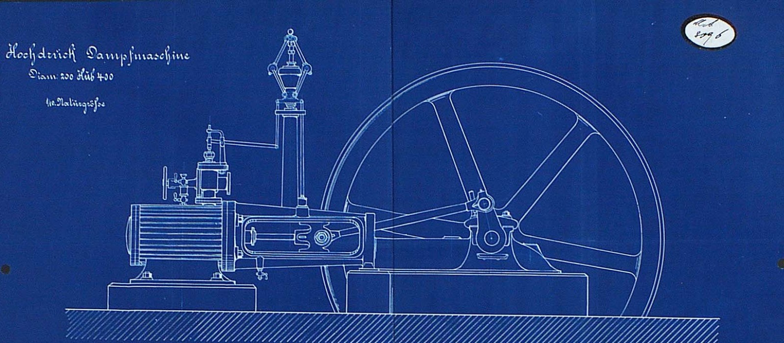 Hochdruck Dampfmaschine, Blaupause einer technischen Zeichnung, 1906 : Hochdruck Dampfmaschine, Blaupause einer technischen Zeichnung, 1906 