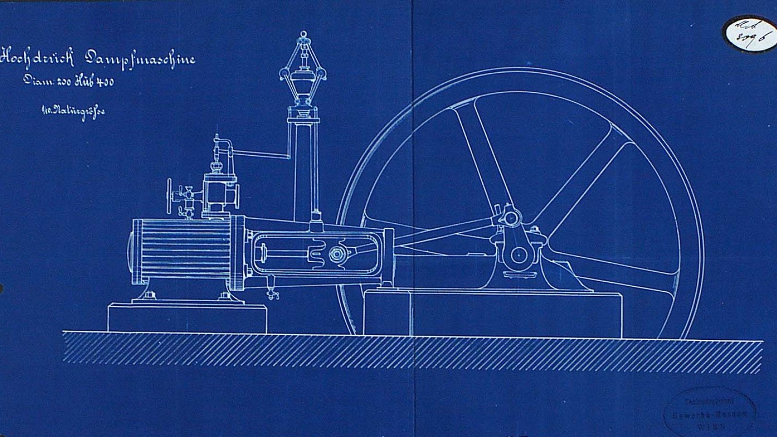 Hochdruck Dampfmaschine, Blaupause einer technischen Zeichnung, 1906 : Hochdruck Dampfmaschine, Blaupause einer technischen Zeichnung, 1906 
