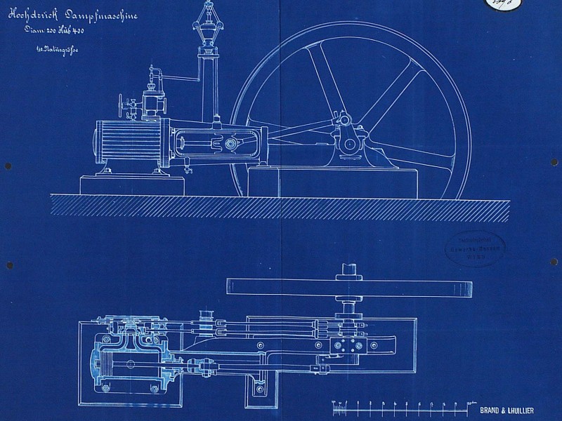 High-pressure steam engine, blueprint of a technical drawing, 1906: High-pressure steam engine, blueprint of a technical drawing, 1906