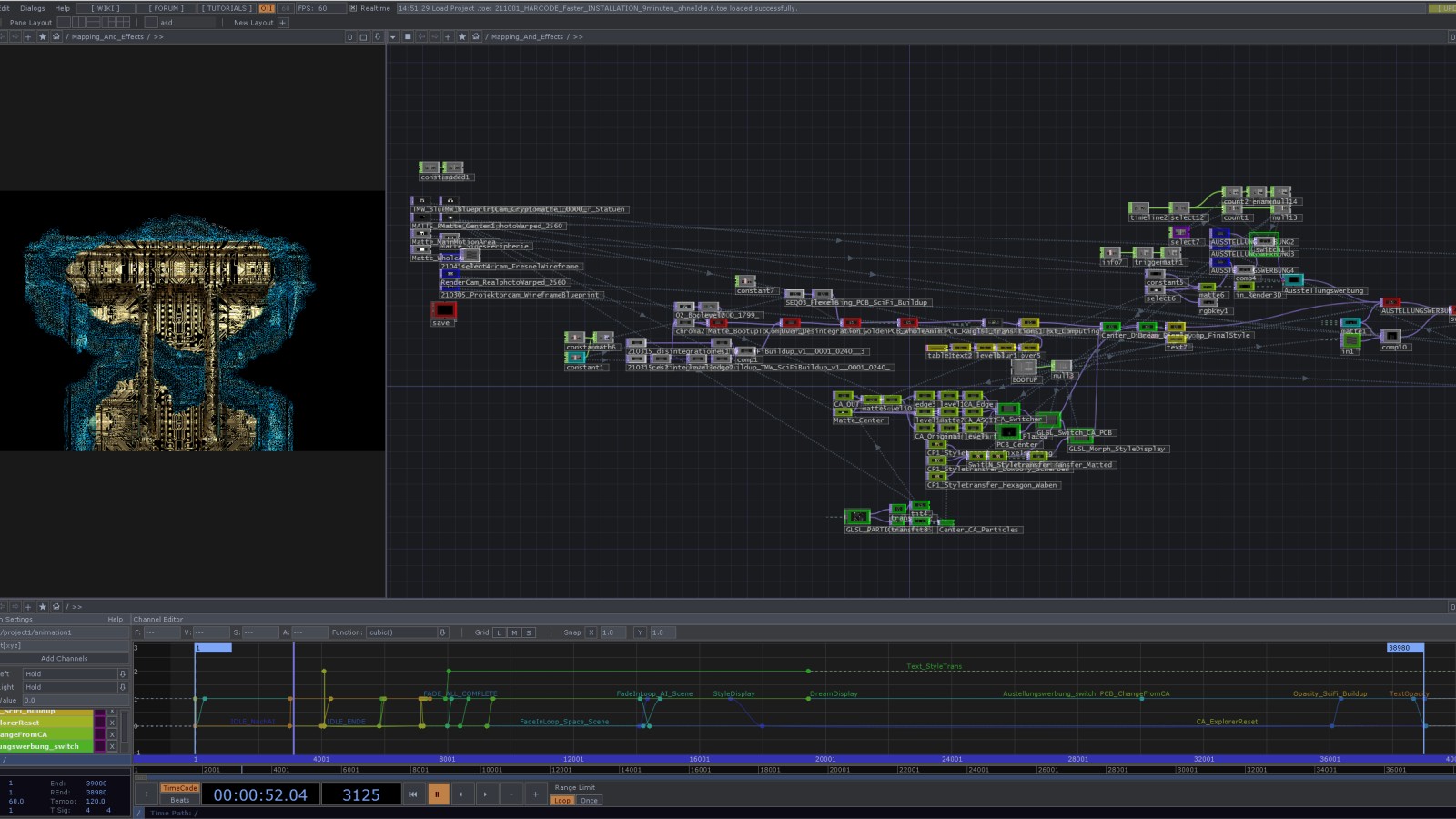 TouchDesigner ist das Herzstück der Projektion und regelt Ablauf und Systemlogik