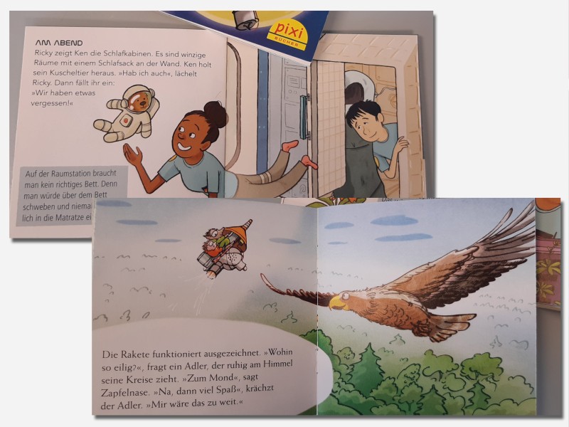 Zwei Scans aus den PIXI-Büchern „RAUMSTATION" und  „WIE WEIT ZUM MOND “: Die erste Inspiration holten sich die Kinder aus Pixi-Büchern.