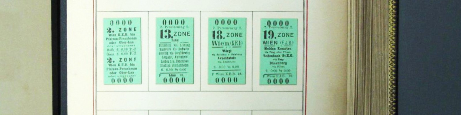 Seite mit Zonenfahrkarten aus dem Musterbuch der k. k. österreichischen Staatsbahnen, 1893