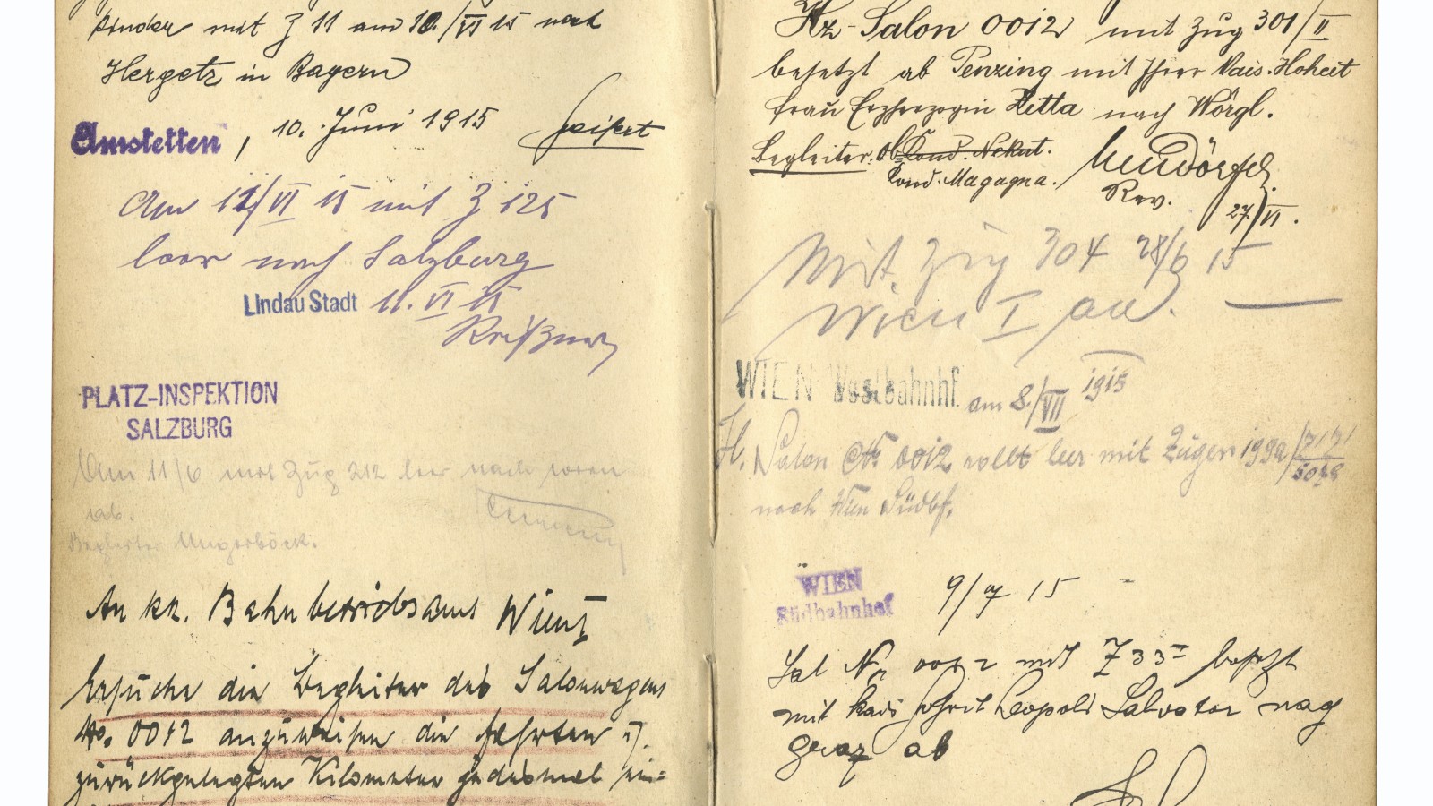 Doppelseite mit Eintragungen aus dem Kondukteurbuch, z. B. Fahrt von Erzherzogin Zita von Penzing nach Wörgl am 27. Juni 1915